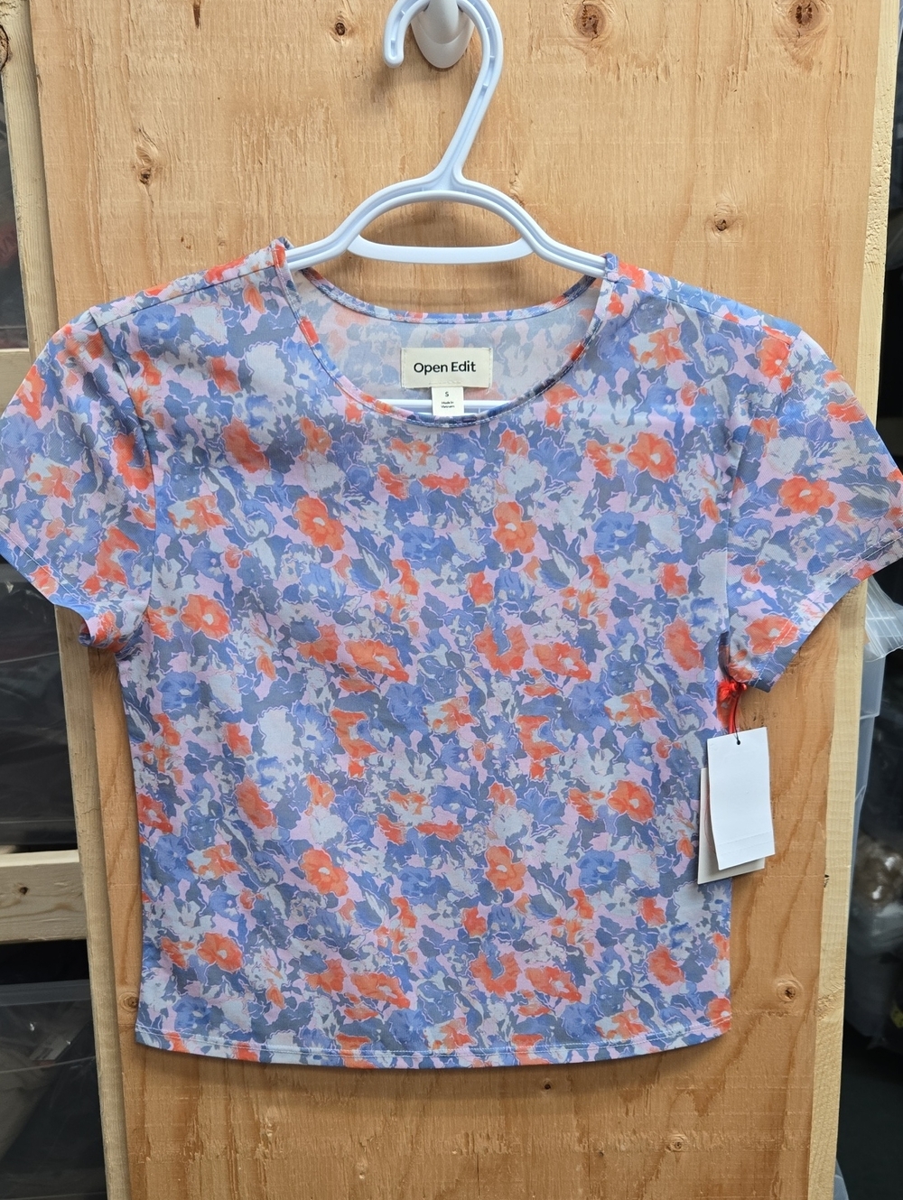 Open Edit Size S Blue Pink Floral Cropped Sheer T-Shirt